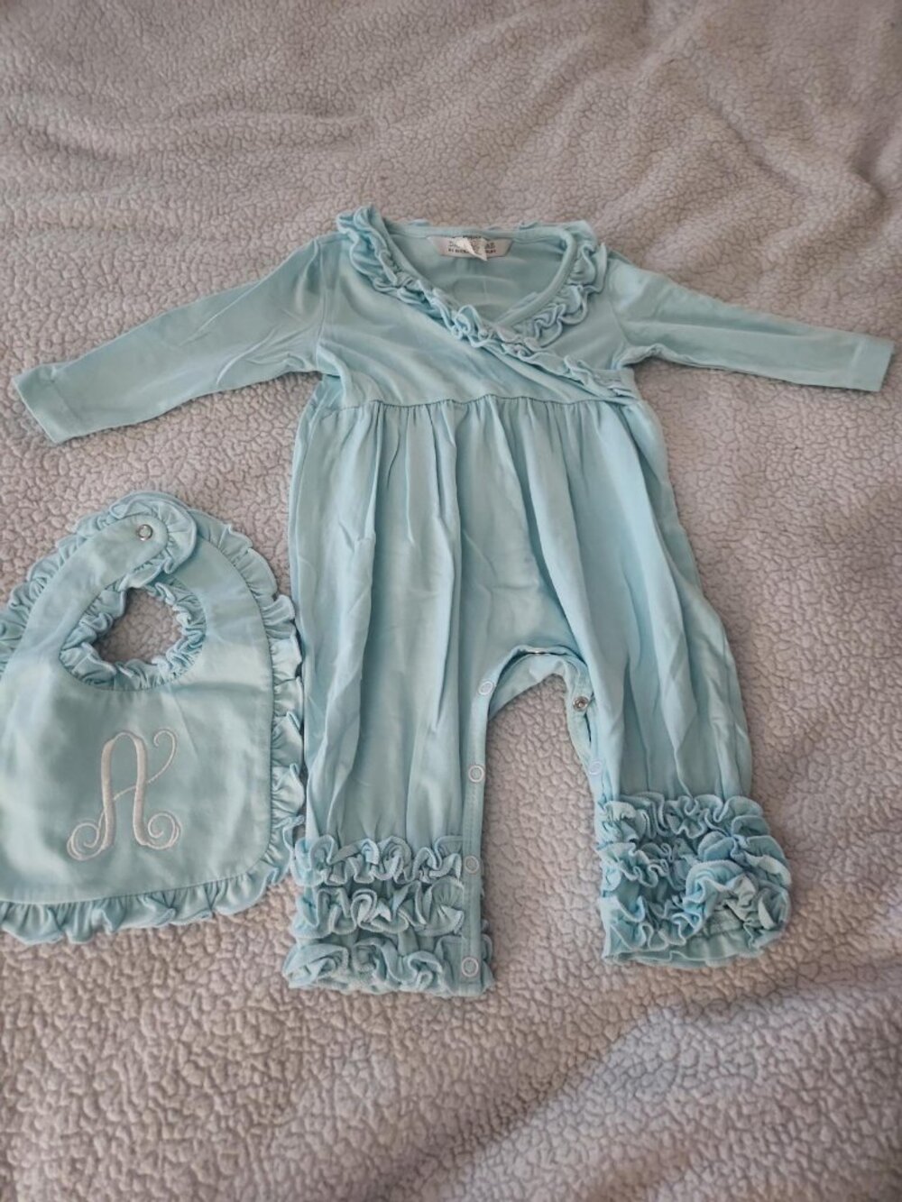 Ricrac & Ruffles one piece Romper Monogram A Size 6/9